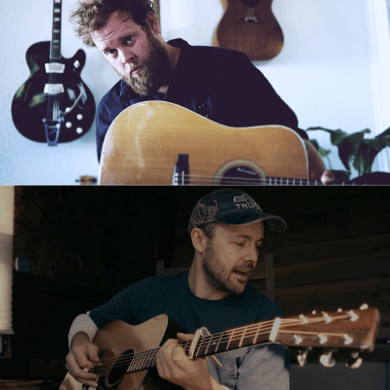 A bearded man with a guitar in the foreground is juxtaposed with another man playing a guitar in the background, surrounded by musical instruments.
