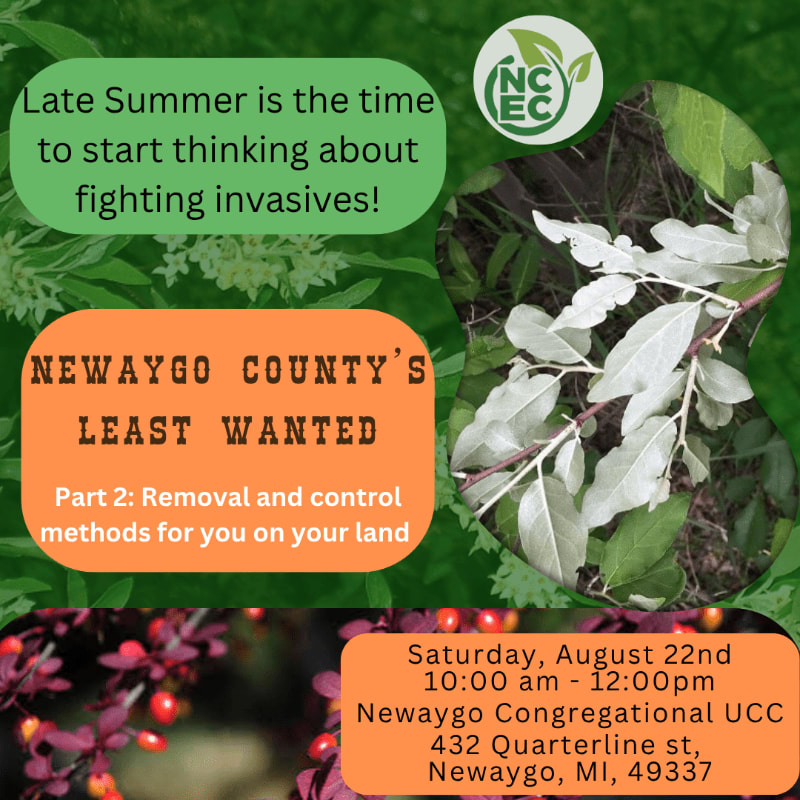 Green foliage and a sprig of leaves frame text about fighting invasives, with event details at the bottom.