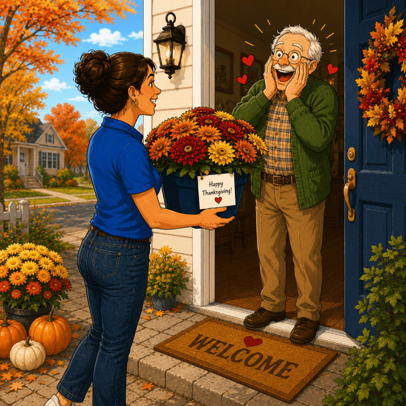 A woman in the foreground presents a large bouquet of flowers to a delighted elderly man standing in the doorway of his home, with autumn foliage and pumpkins adorning the porch and yard in the background.