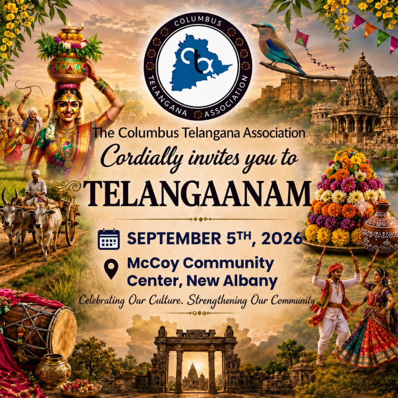 A vibrant poster for "Telanganaanam" features a woman carrying a pot on her head in the foreground, with a temple and a colorful floral arrangement in the background.