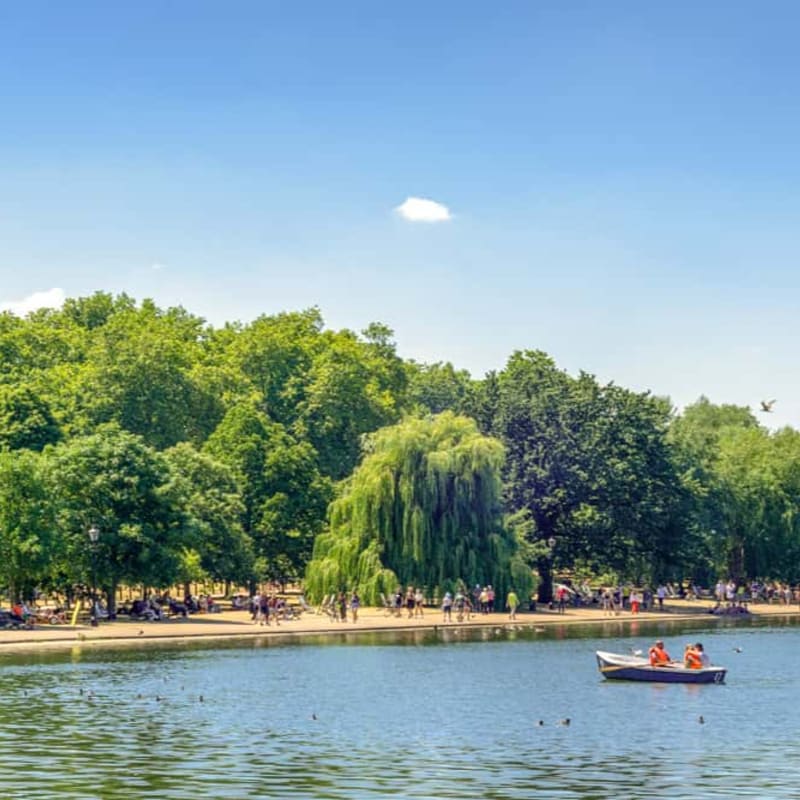 A rowboat with two people glides across a calm lake in the foreground, while a lush green park with many trees and people enjoying a sunny day forms the background.