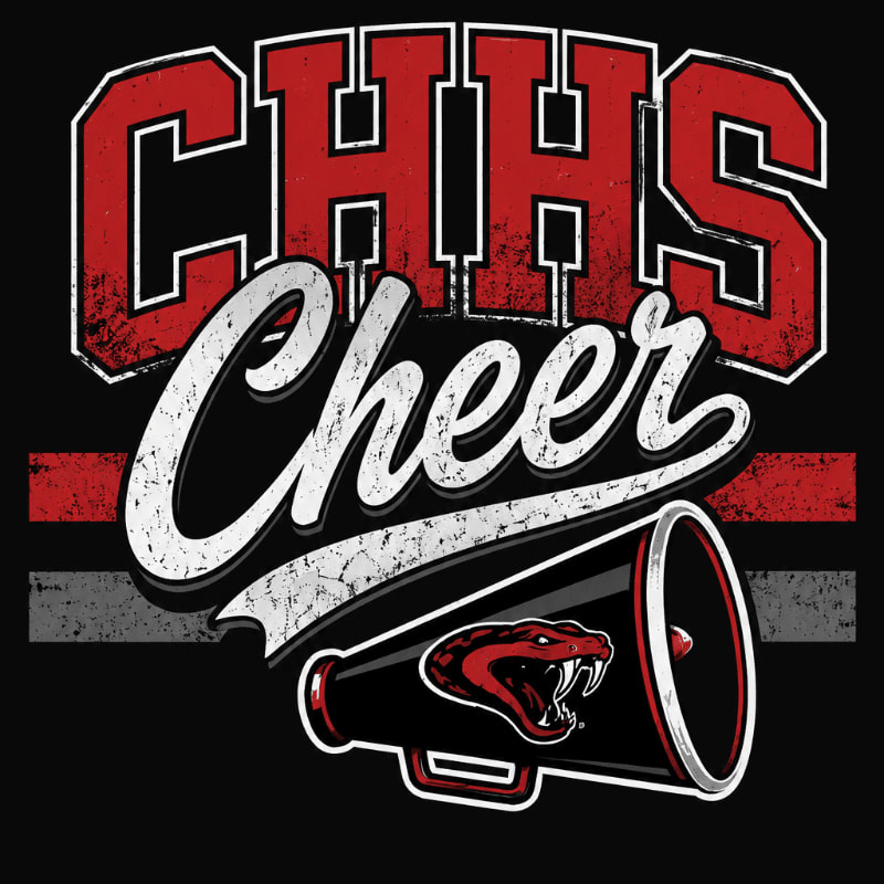 A megaphone with a snake logo in the foreground is below the distressed text "CHHS Cheer" in red and white against a black background.
