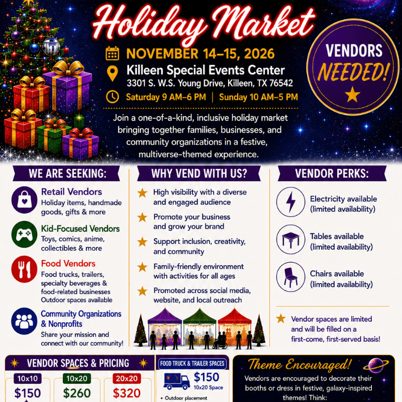 A festive holiday market flyer with a decorated Christmas tree and gift boxes in the foreground and event details in the background.