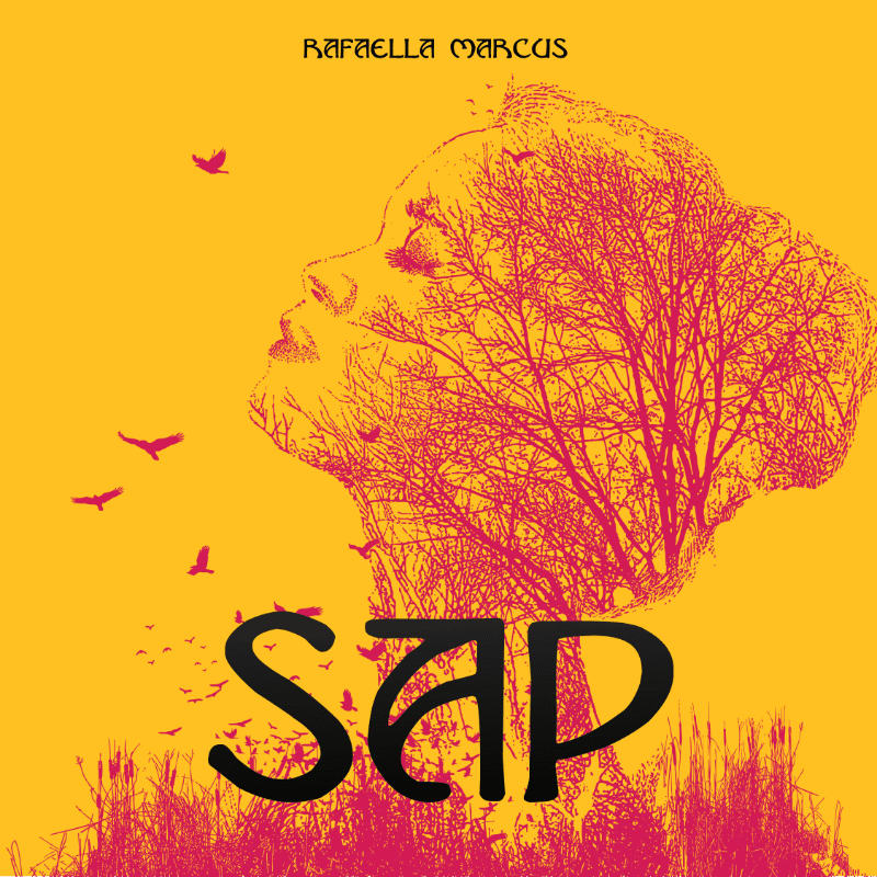 A silhouette of a woman's face, filled with a bare tree and reeds, is superimposed on a vibrant yellow background with a flock of birds in flight.