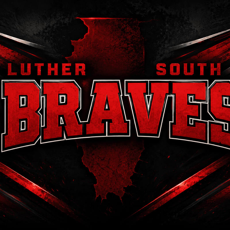 Bold red "BRAVES" lettering with "LUTHER SOUTH" above it is set against a dark, textured background with metallic accents.