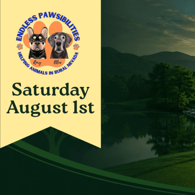 A yellow banner with dog portraits and event details is overlaid on a serene landscape of a golf course with a reflective pond and rolling hills.