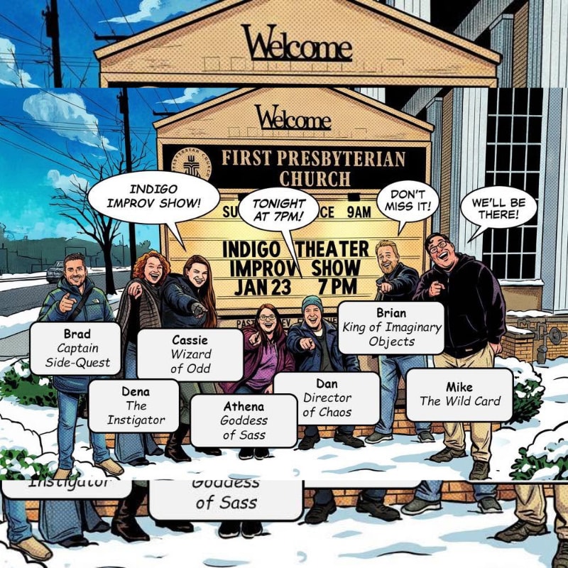 A group of seven people, labeled with their stage names, stand in front of a snow-covered First Presbyterian Church, advertising an Indigo Theater Improv Show.