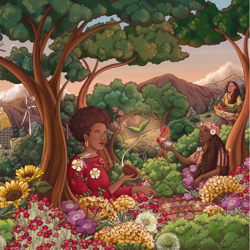 Two women tend to plants in a lush garden with sunflowers and berries in the foreground, while wind turbines and a distant mountain landscape are visible in the background.