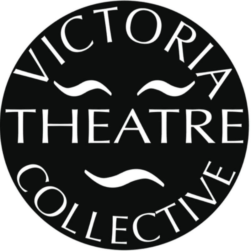 A black circle with white text reading "VICTORIA THEATRE COLLECTIVE" surrounds stylized white eyebrows and a wavy line, all on a plain black background.