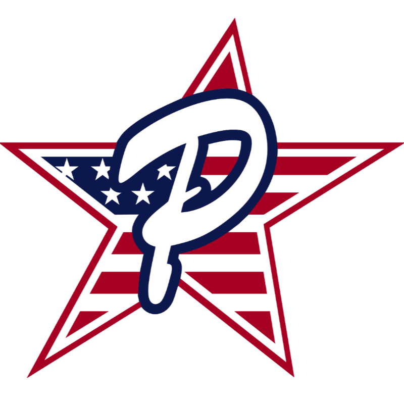 A white letter "P" with a blue outline is superimposed on a red-outlined star filled with the American flag pattern in the background.