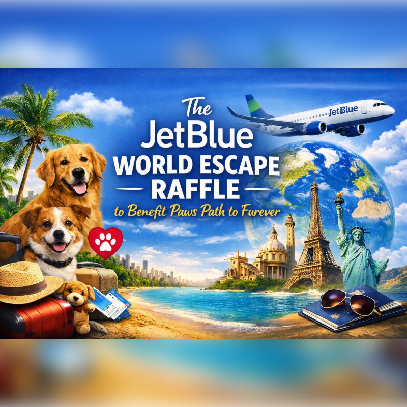 Two happy dogs sit on a beach with luggage and a hat in the foreground, while a JetBlue plane flies over iconic landmarks and a globe in the background.