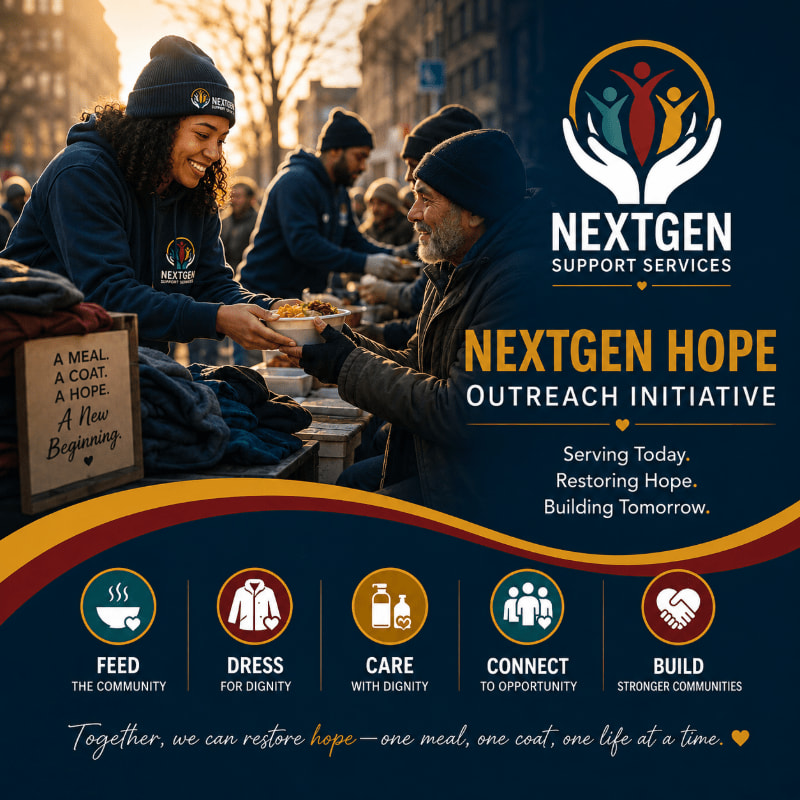 A volunteer hands a meal to a man in the foreground, while a street scene with other volunteers and recipients forms the background.