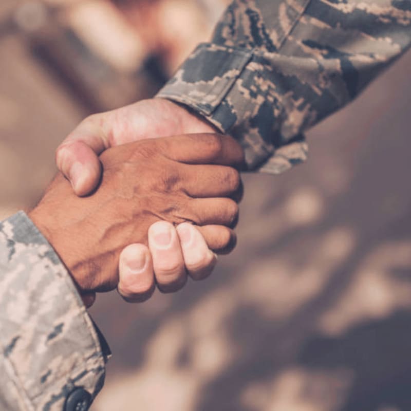Two individuals in camouflage uniforms shake hands in the foreground, with a blurred, earthy background.