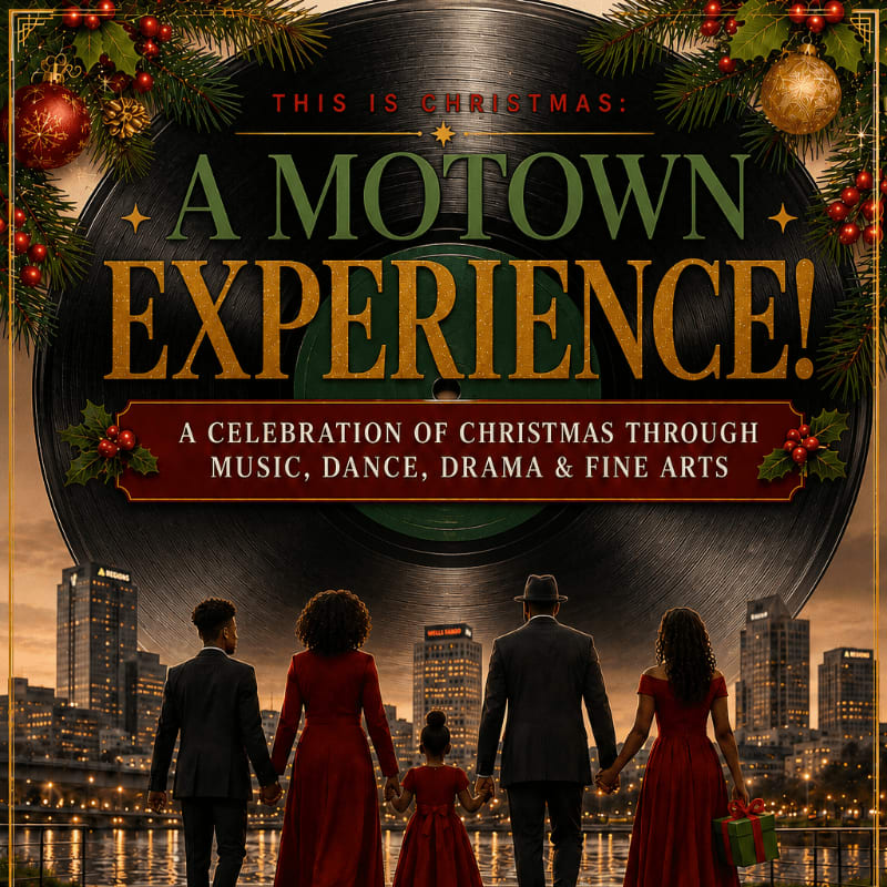 A group of five people in formal attire stand hand-in-hand facing a city skyline, with a large vinyl record adorned with Christmas decorations and the text "THIS IS CHRISTMAS: A MOTOWN EXPERIENCE!" in the background.
