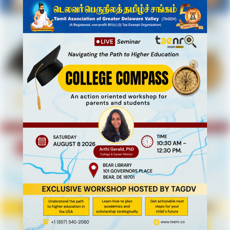A flyer for a "College Compass" workshop hosted by TAGDV features a graduation cap and compass in the foreground, with a map-like background and details about the event.