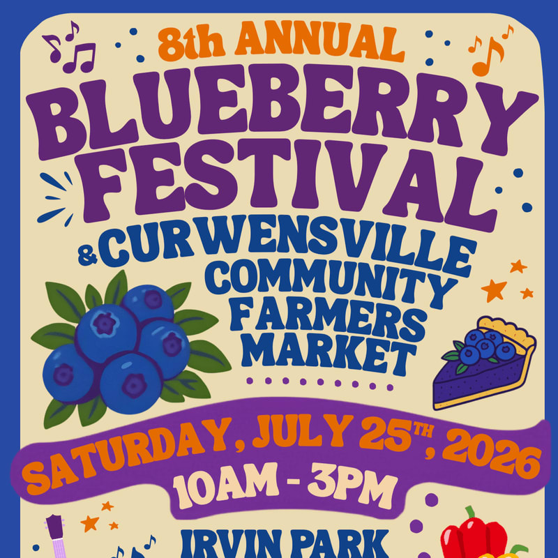 A vibrant poster for the 8th Annual Blueberry Festival and Curwensville Community Farmers Market, featuring illustrations of blueberries and a slice of pie in the foreground against a cream and blue background with festive accents.