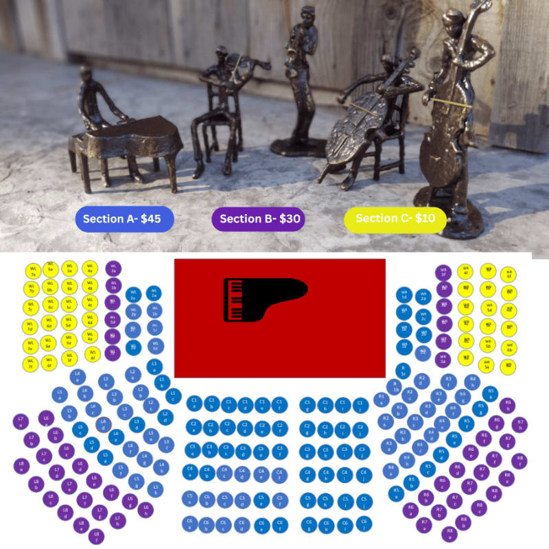 Small bronze figurines of musicians playing instruments are in the foreground, with a seating chart of a concert hall in the background.
