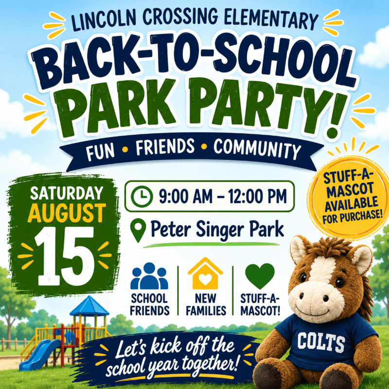 A fluffy horse mascot in a "COLTS" shirt sits in the foreground of a park party flyer, with playground equipment and trees visible in the background.