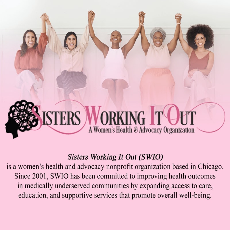 Five women with their arms raised in celebration sit in the foreground, while the background features the "Sisters Working It Out" logo and descriptive text.