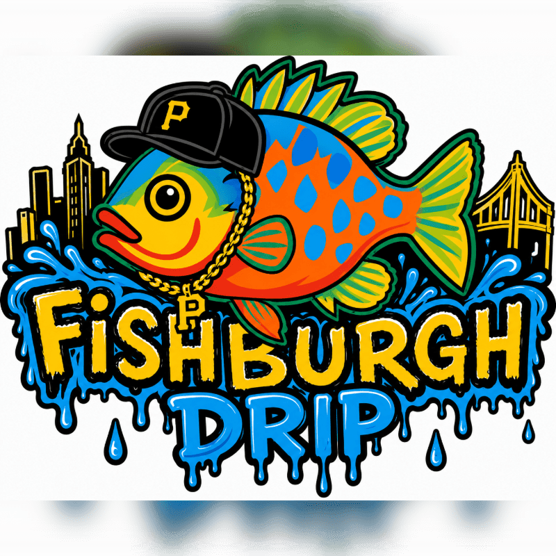 A cartoon fish wearing a hat and gold chain swims in front of a city skyline with dripping text that reads "Fishburgh Drip."