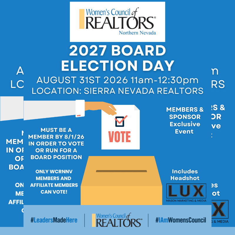A graphic announces the Women's Council of REALTORS Northern Nevada 2027 Board Election Day, featuring a hand casting a vote into a ballot box in the foreground and event details against a blue background in the background.