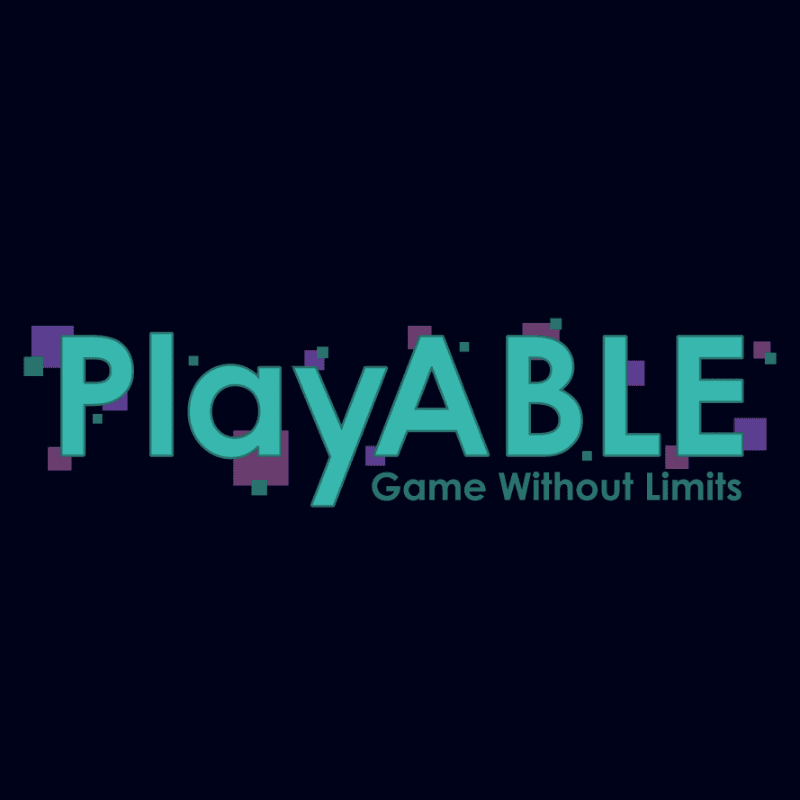 Teal text spelling "PlayABLE" with a tagline "Game Without Limits" sits on a dark background with scattered purple and teal pixelated squares.