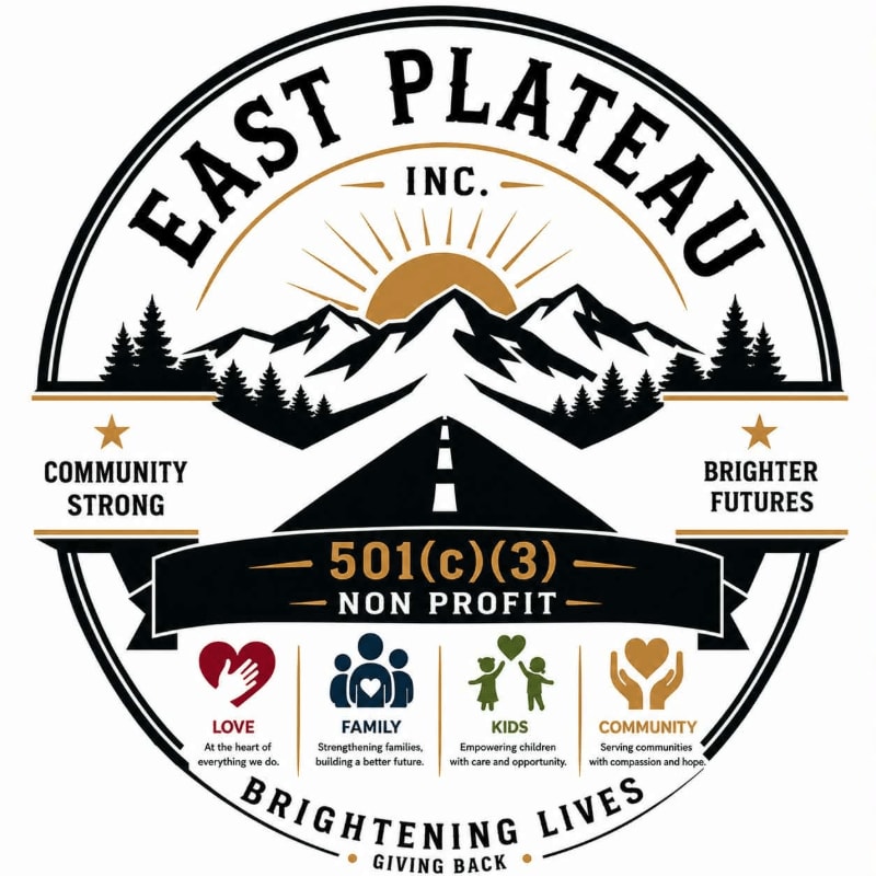 A circular logo features a mountain range and road in the background, with icons representing love, family, kids, and community in the foreground.