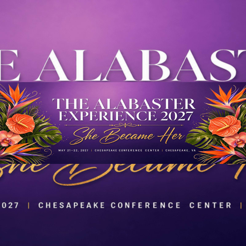 A purple and pink gradient background frames a banner with tropical flowers and text announcing "The Alabaster Experience 2027: She Became Her" in the foreground.