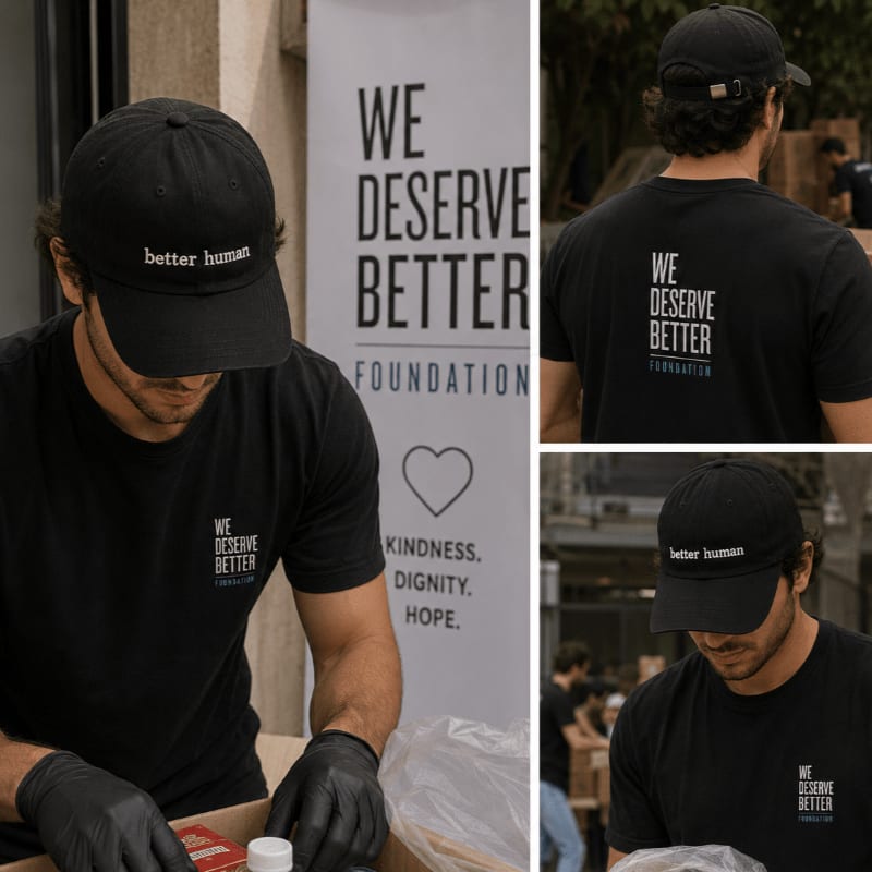 A man wearing a black "better human" hat and a "WE DESERVE BETTER FOUNDATION" t-shirt is packing items in the foreground, with a banner displaying the foundation's logo and message in the background.