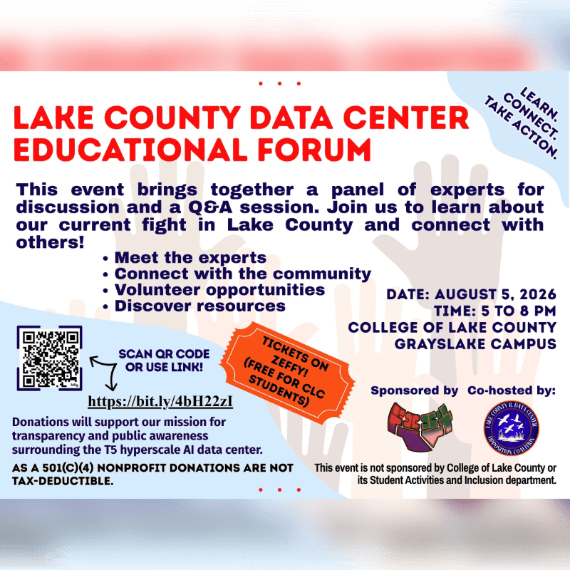 A flyer for the Lake County Data Center Educational Forum is displayed against a background of silhouetted hands, with event details, a QR code, and sponsor information in the foreground.