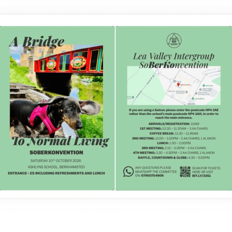 A dachshund in the foreground is pictured with a bridge and canal in the background, next to text advertising a Soberkonvention event.