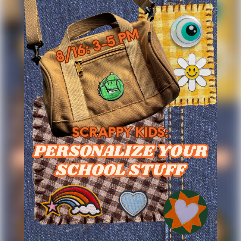 A tan messenger bag with a green monster patch and event details is displayed against a background of denim fabric adorned with various colorful patches, including a rainbow, a heart, a daisy, and an eyeball.