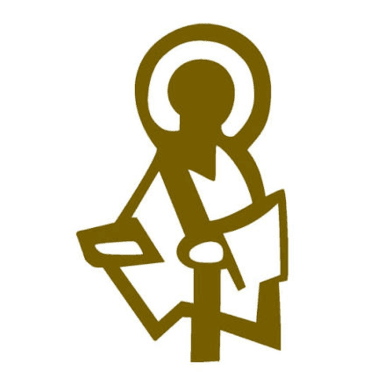 A stylized golden figure of a person with a halo reads from an open book against a white background.
