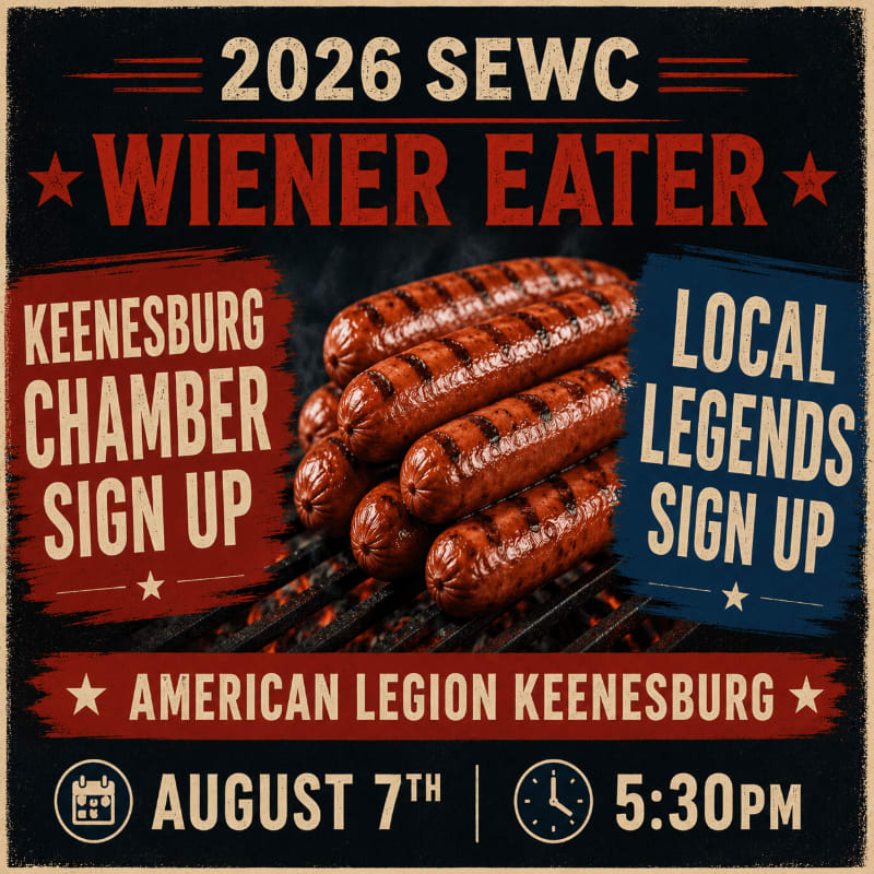 Grilled hot dogs fill the foreground, with event details for the 2026 SEWC Wiener Eater competition at American Legion Keenesburg on August 7th at 5:30 PM in the background.