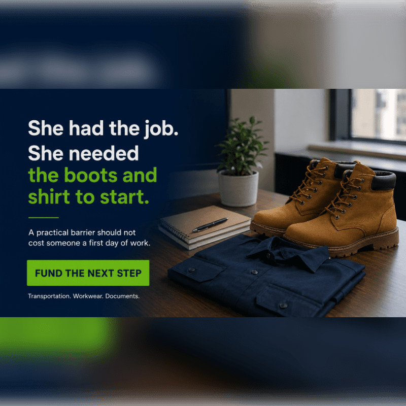 A pair of brown work boots and a folded navy shirt rest on a wooden desk in the foreground, while a potted plant and a window are visible in the background.