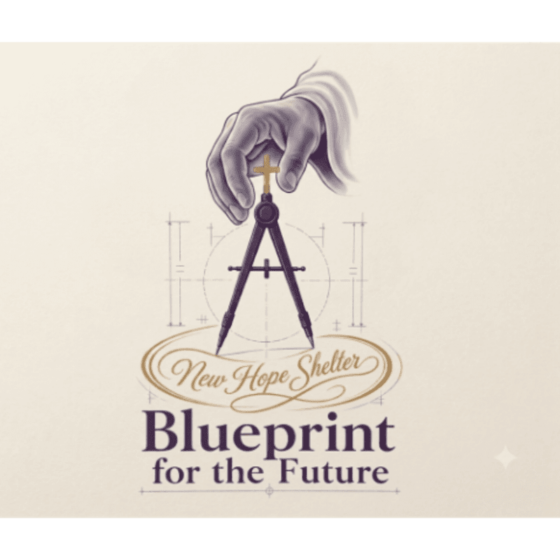 A hand holding a compass over a blueprint for "New Hope Shelter Blueprint for the Future" on a cream background.