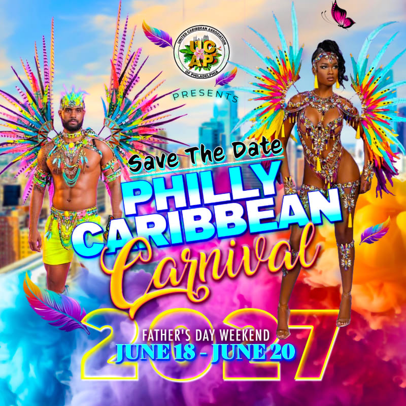 Two costumed individuals with elaborate feathered wings stand against a vibrant, cloudy sky with city buildings in the background, promoting the Philly Caribbean Carnival.