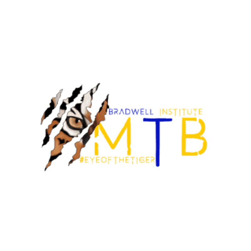 A tiger's eye peers through claw marks in the foreground, with the words "BRADWELL INSTITUTE MTB #EYEOFTTHETIGER" in yellow and blue lettering in the background.