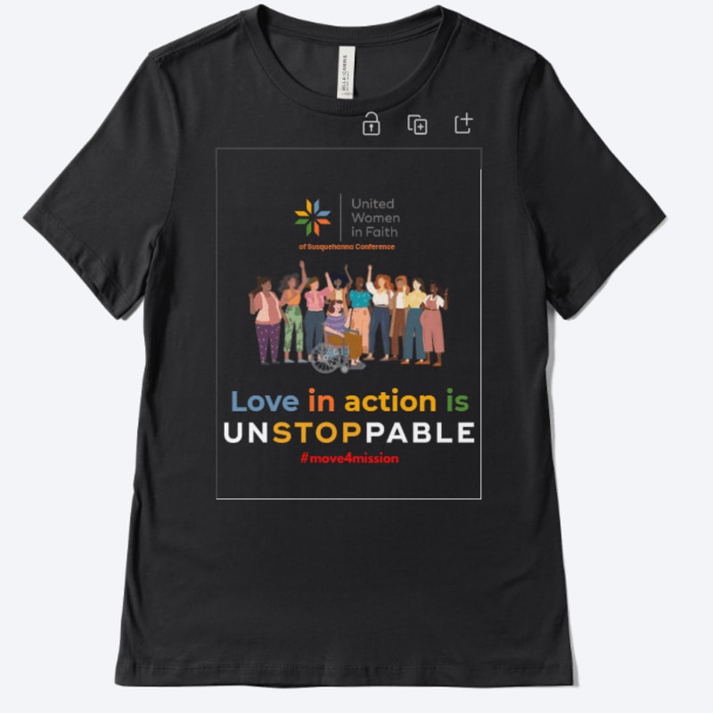 A black t-shirt displays a graphic with a diverse group of women, some in wheelchairs, raising their hands in solidarity against a dark background, with the text "Love in action is UNSTOPPABLE" prominently featured.