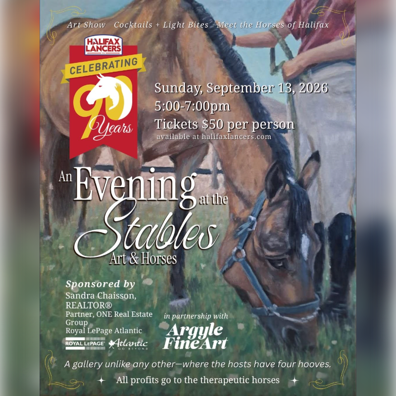 A brown horse with a halter grazes in the foreground, while the background features text advertising an "Evening at the Stables" art show.