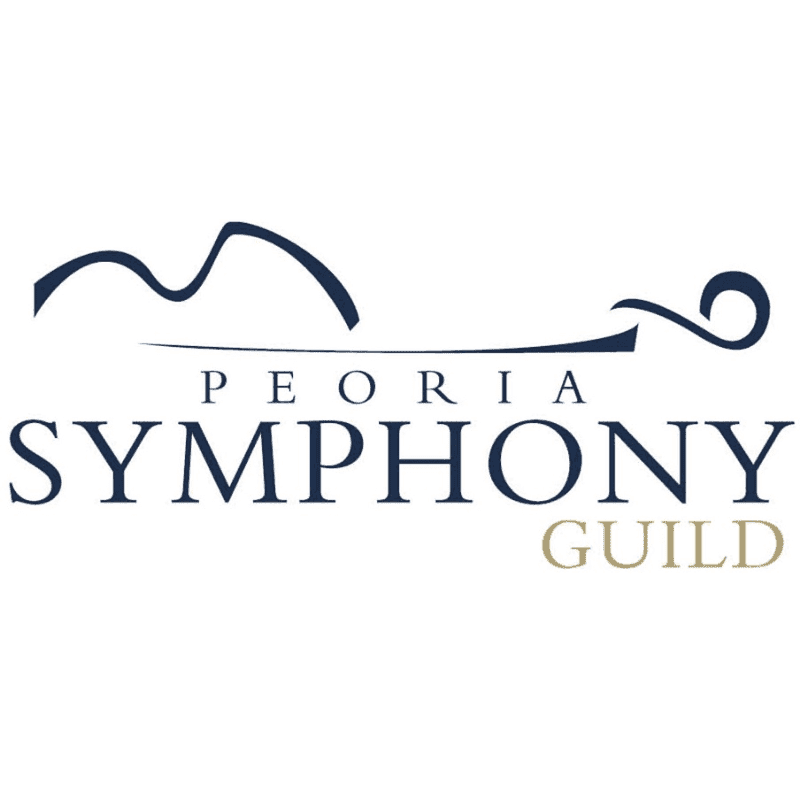 A stylized, dark blue wavy line forms the top of the logo, with the words "PEORIA SYMPHONY" in dark blue text below it, and "GUILD" in gold text to the right, all on a white background.