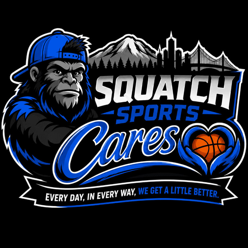 A blue-capped Bigfoot stands to the left, with "Squatch Sports Cares" and a basketball heart in the center, against a backdrop of mountains and a city skyline.