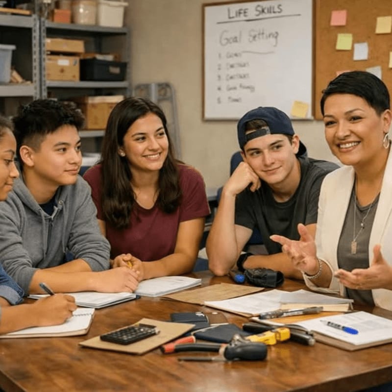 A diverse group of teenagers and an adult instructor engage in a lesson around a table with notebooks and supplies, while a whiteboard with "Life Skills" and "Goal Setting" is visible in the background.