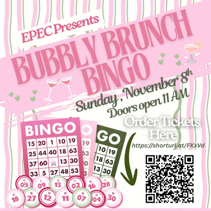 A pink and white Bubbly Brunch Bingo flyer features bingo cards and balls in the foreground, with event details and a QR code in the background.