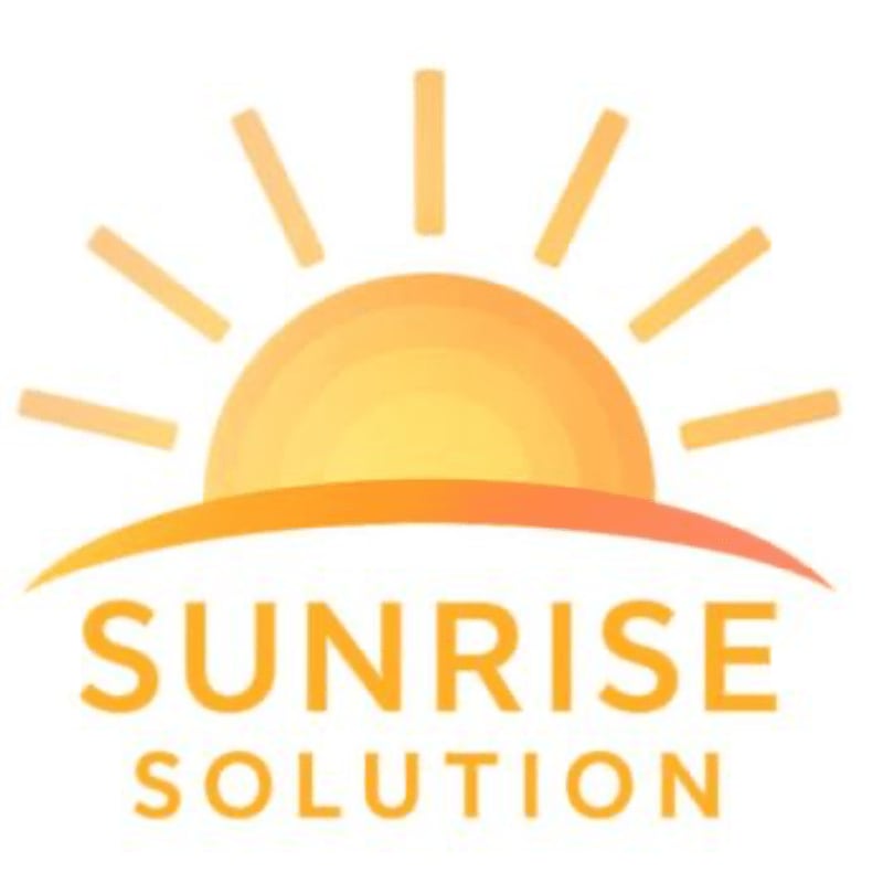 A stylized orange sun with radiating lines sits above the words "SUNRISE SOLUTION" in orange text, all on a white background.