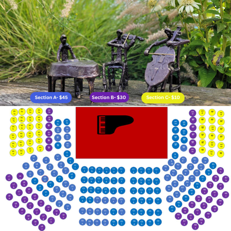 Three miniature metal musicians are posed on a wooden surface in front of lush green foliage, with a seating chart for a concert below.