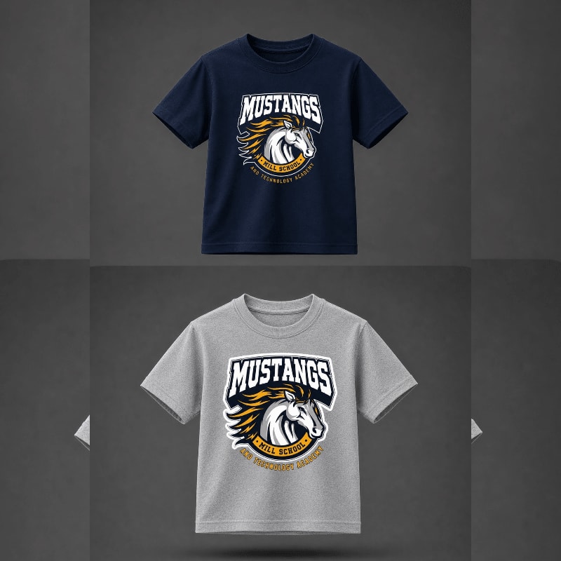 Two t-shirts, one navy blue and one gray, are displayed against a dark gray background, each featuring a "Mustangs" logo with a horse graphic.