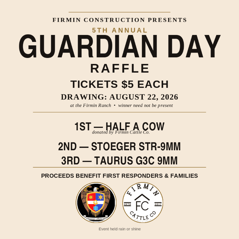 A raffle poster for the 5th Annual Guardian Day, with prizes and event details listed against a cream background, features two circular logos at the bottom.