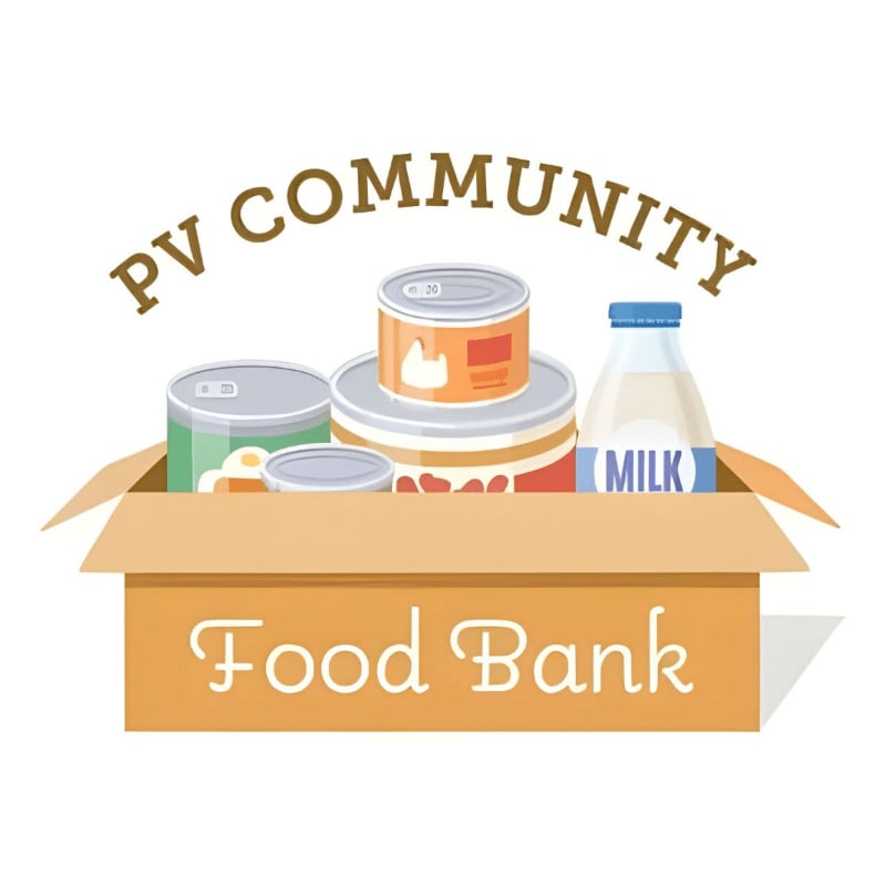 A cardboard box filled with canned goods and a carton of milk sits in front of a white background with the words "PV COMMUNITY Food Bank" arching above.