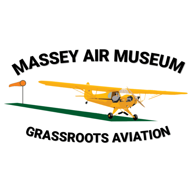 A yellow airplane sits on a green runway in front of an orange windsock, with "MASSEY AIR MUSEUM GRASSROOTS AVIATION" text arching above and below.